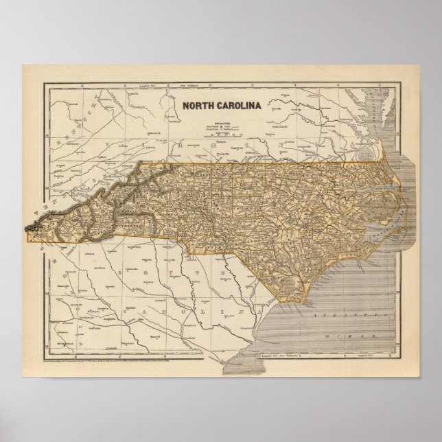 Poster Carte de l'Atlas de la Caroline du Nord (Devant)