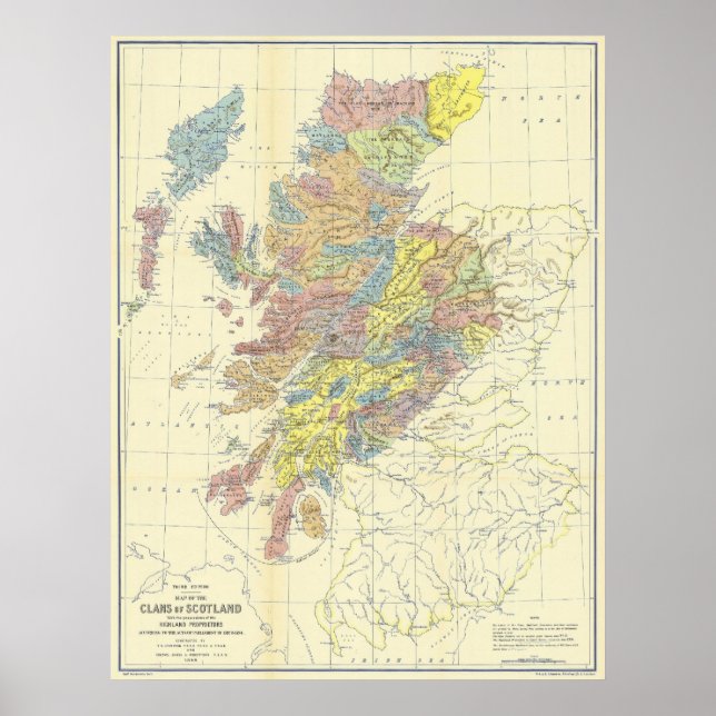 Poster Carte de l'Écosse en 1899 montrant Clans écossais (Devant)