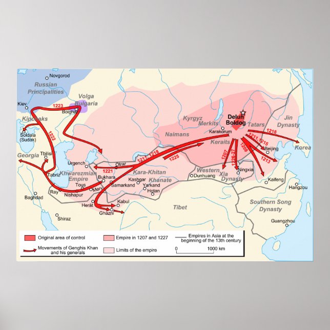 Poster Carte de l'Empire de Genghis Khan au XIIIe siècle (Devant)
