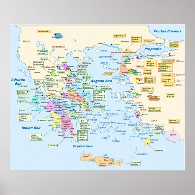 Poster Carte de l'époque homérique Grèce avec étiquette a (Devant)