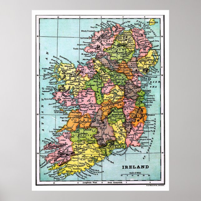 Poster Carte de l'époque victorienne antique Irlande (Devant)