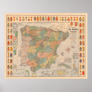 Poster Carte de l'Espagne ancienne (1892) Crêtes Vintages