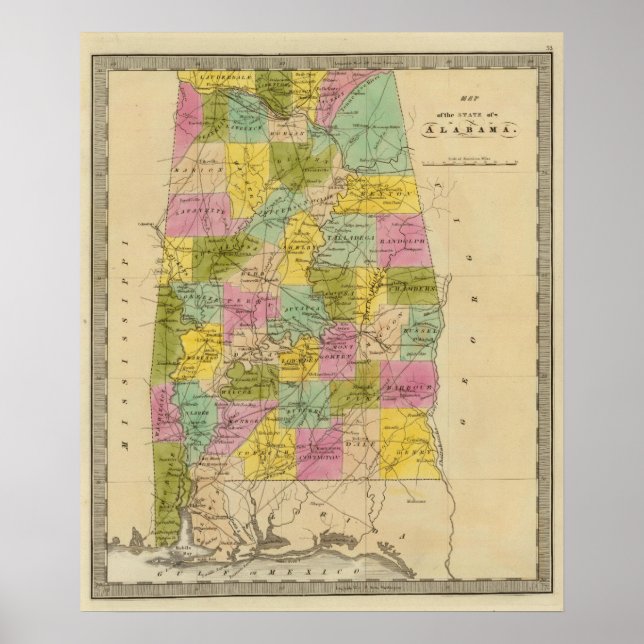 Poster Carte de l'état de l'Alabama (Devant)