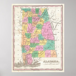 Poster Carte de l'État de l'Alabama vintage (1827)