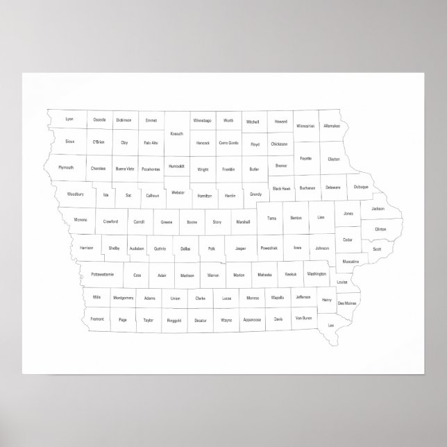 Poster Carte de l'État de l'Iowa avec les contours et les (Devant)