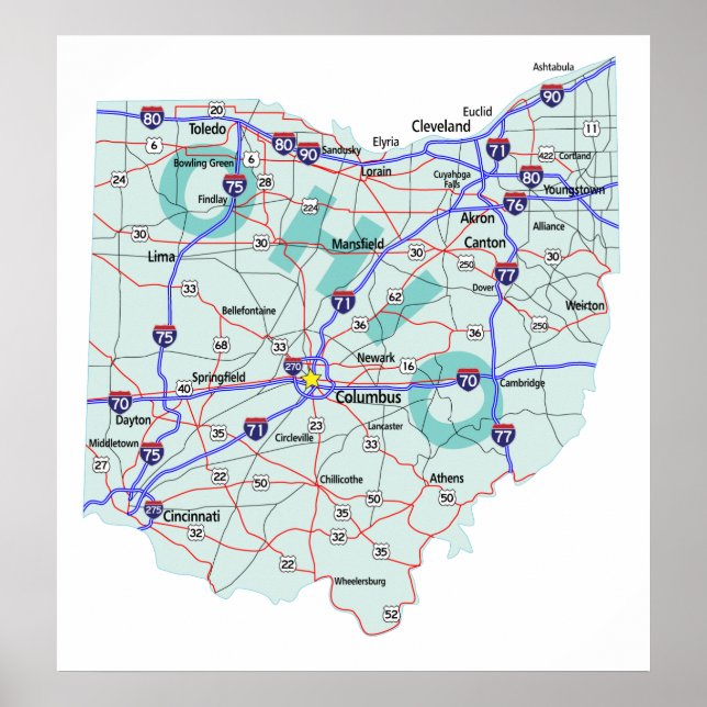 Poster Carte de l'état de l'Ohio Imprimer (Devant)