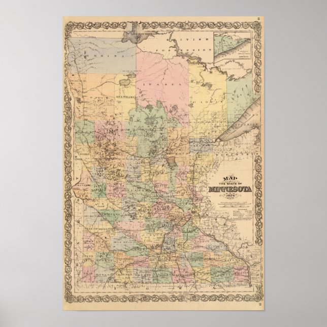 Poster Carte de l'État du Minnesota, 1874 (Devant)