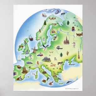 Poster Carte de l'Europe avec des illustrations de célèbr