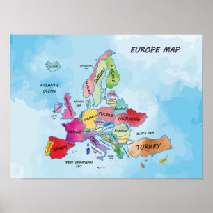 Poster Carte de l'Europe illustrations couleur de l'eau