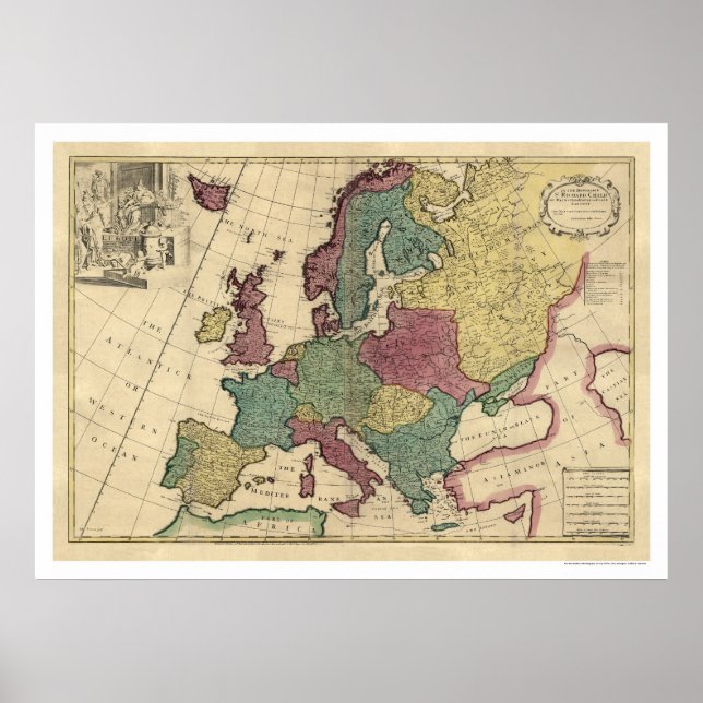 Poster Carte de l'Europe par Senex 1725 (Devant)