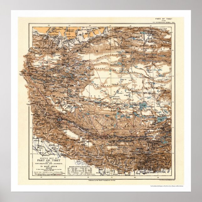 Poster Carte de l'expédition Tibet Hedin 1909 (Devant)