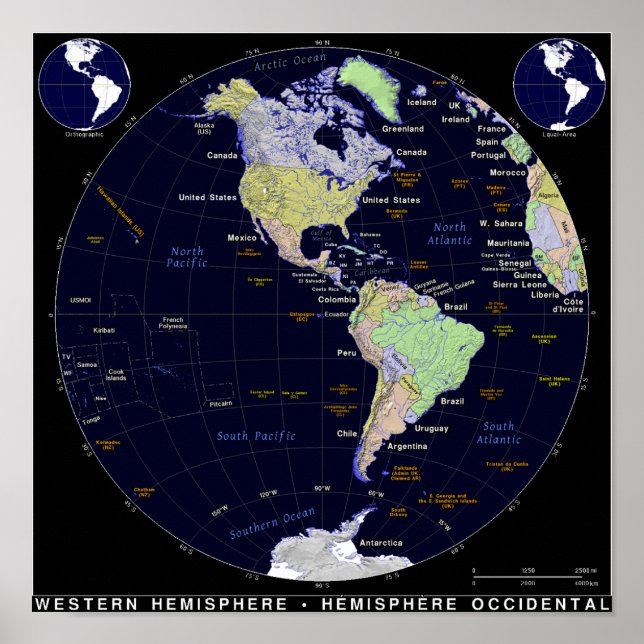 Poster Carte de l'hémisphère occidental (Devant)