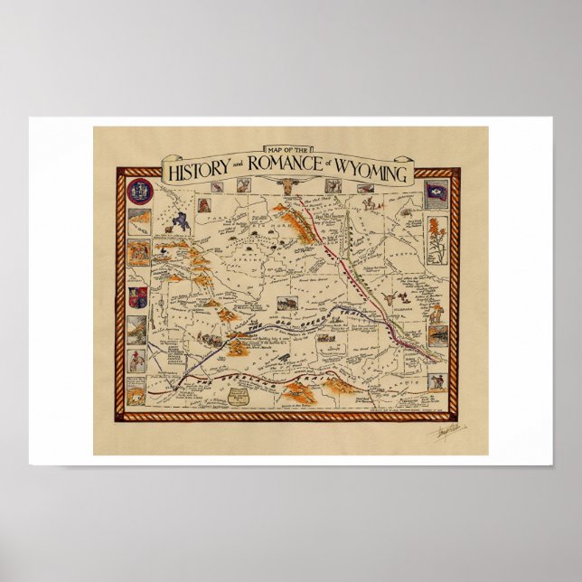 Poster Carte de l'histoire et de la romance du Wyoming (Devant)
