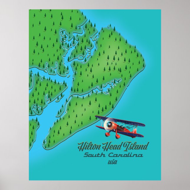 Poster Carte de l'île de Hilton Head Caroline du Sud (Devant)