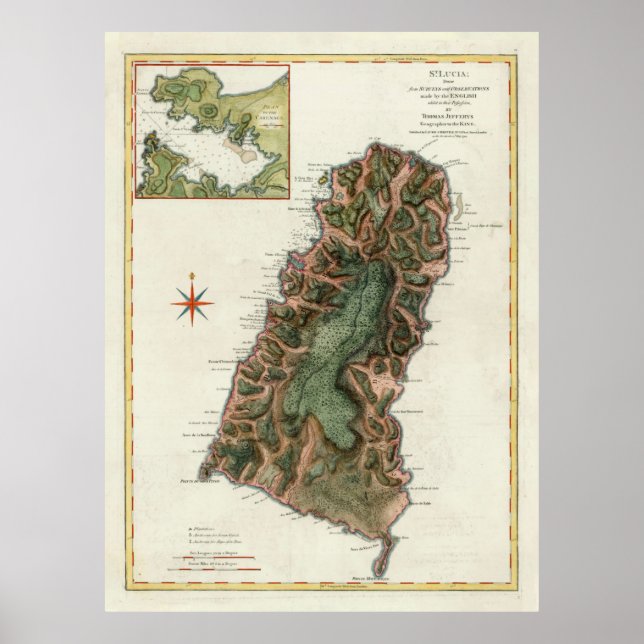 Poster Carte de l'île de Sainte-Lucie (1794) (Devant)