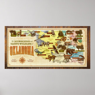 Poster Carte de l'Oklahoma : Écorégions et faune autochto