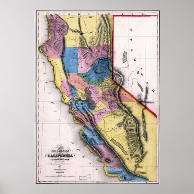 Poster Carte de l'or de Californie 1851 (Devant)