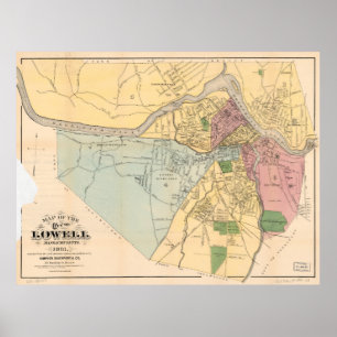 Poster Carte de Lowell, Massachusets (1881)