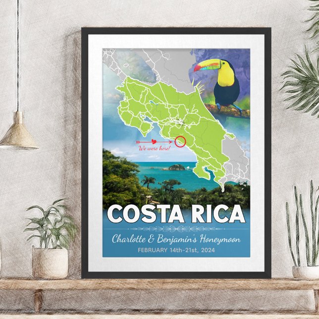 Poster Carte de lune de miel romantique Costa Rica (Romantic Honeymoon Vacation To Costa Rica Map Poster - Sketch Mockup)