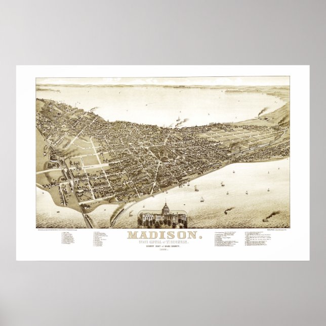Poster Carte de Madison, Wisconsin de 1885 (Devant)