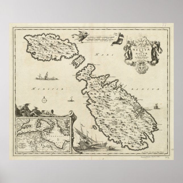 Poster Carte de Malte vintage (1698) (Devant)