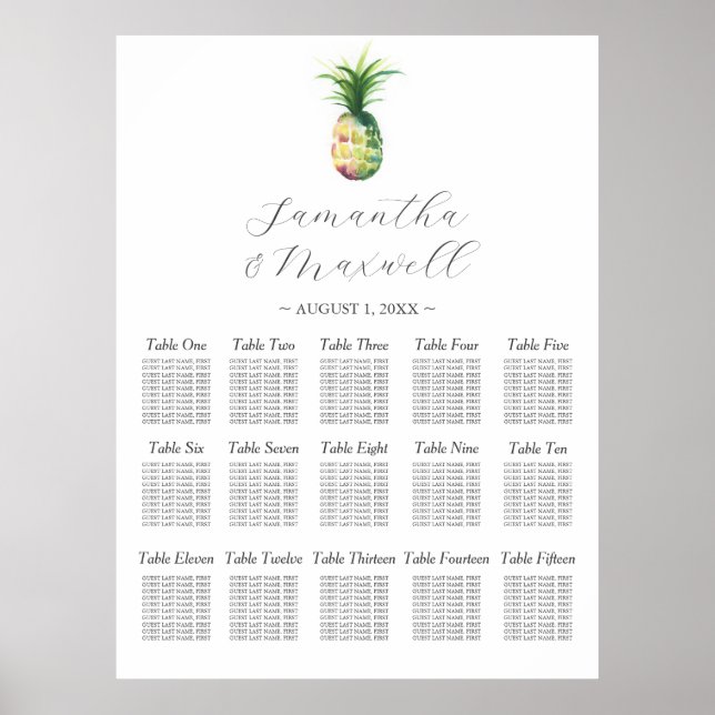 Poster Carte de mariage personnalisée Aquarelle Ananas (Devant)