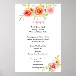 Poster Carte de menu rose Mariage Floral Aquarelle