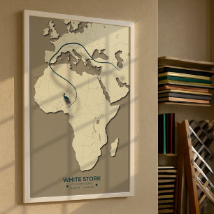 Poster Carte de migration de la cigogne blanche - Vintage