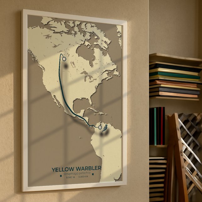 Poster Carte de migration de la Paruline Jaune - Minimali (Yellow Warbler A3 Mockup)
