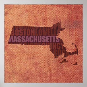 Poster Carte de mot d'ensemble d'état du Massachusetts