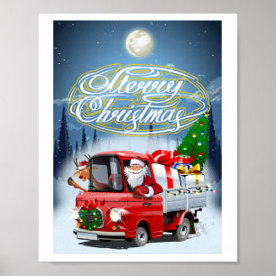 Poster Carte de Noël avec le camion de Santa dessiné