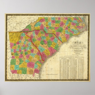 Poster Carte de nord et Caroline du Sud, et Géorgie
