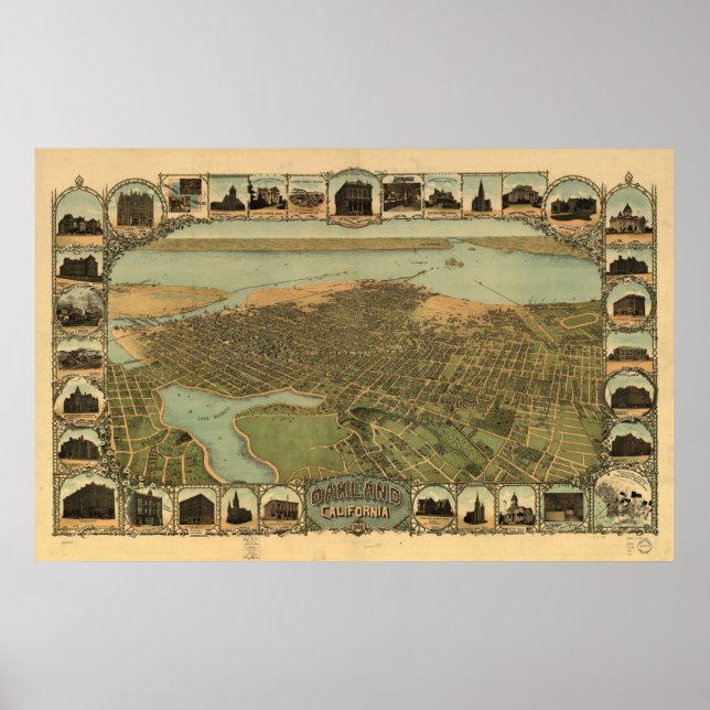 Poster Carte de Oakland, Vue Oiseaux-Oeil, 1900 (Devant)