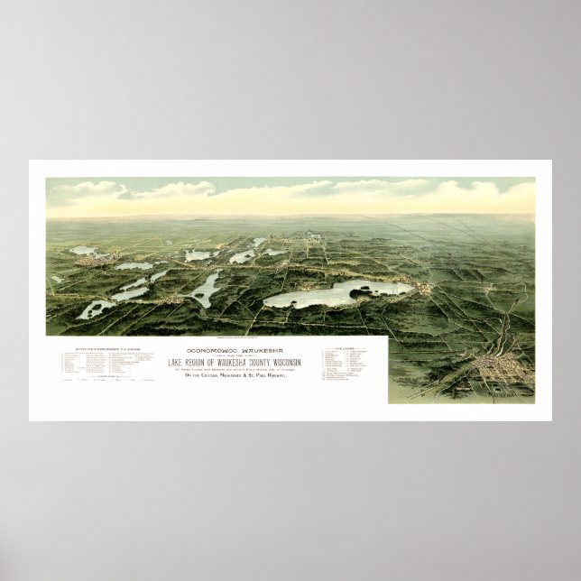 Poster Carte de Oconomowoc et Waukesha Wisconsin en 1890 (Devant)