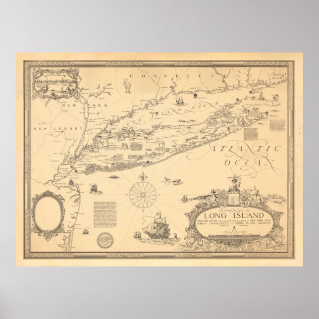 Poster Carte de Old Long Island NY (1925) (Devant)