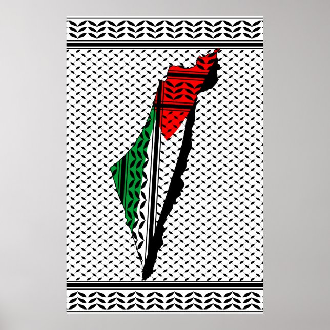 Poster Carte de Palestine avec drapeau et Motif Keffiyeg (Devant)