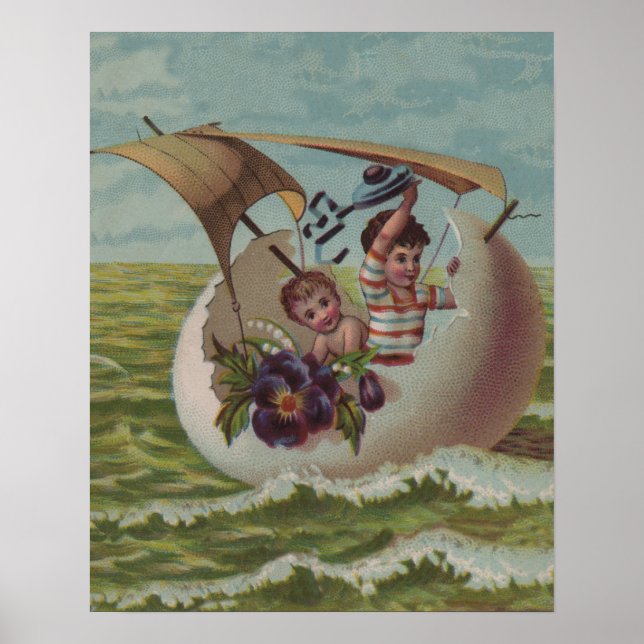 Poster Carte de Pâques antique Œuf de Voile Enfants (Devant)