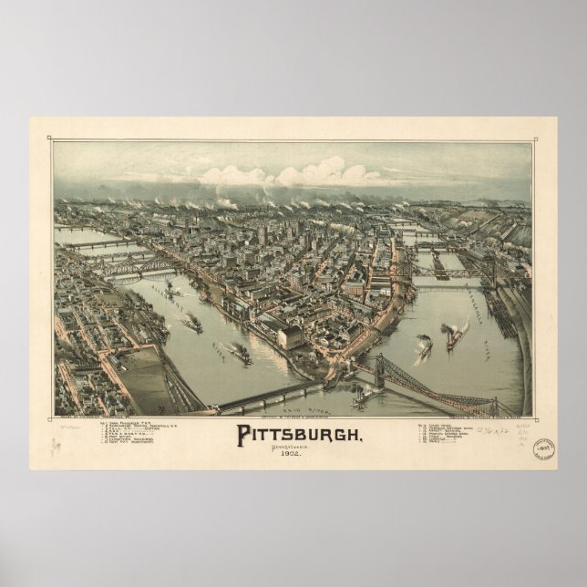 Poster Carte de Pittsburgh, Vue Oiseaux-Oeil, 1902 (Devant)