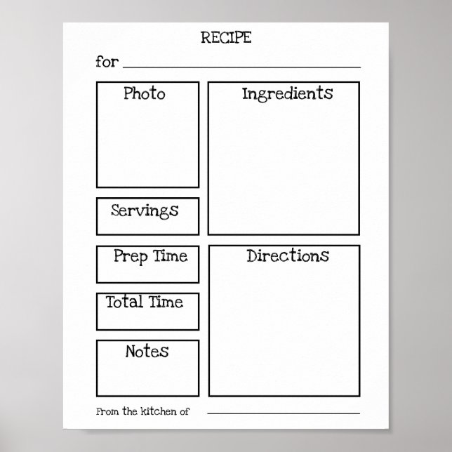 Poster Carte de recette modifiable. Personnaliser avec ph (Devant)