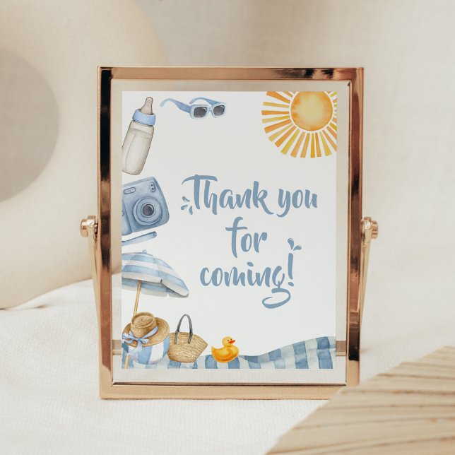 Poster Carte de remerciements de Baby shower d'été de Blu (Boy Splish Splash Baby Shower Thank you for Coming Sign)