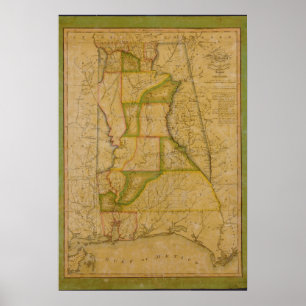 Poster Carte de reproduction de l'état de l'Alabama 1820