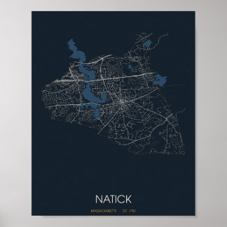Poster Carte de rue de Natick Massachusetts (Nuit)