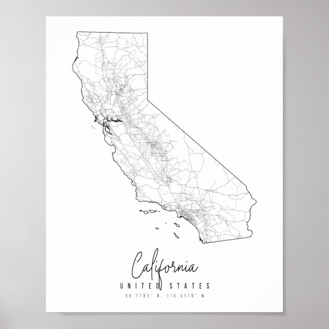 Poster Carte de rue minimale de Californie (Devant)