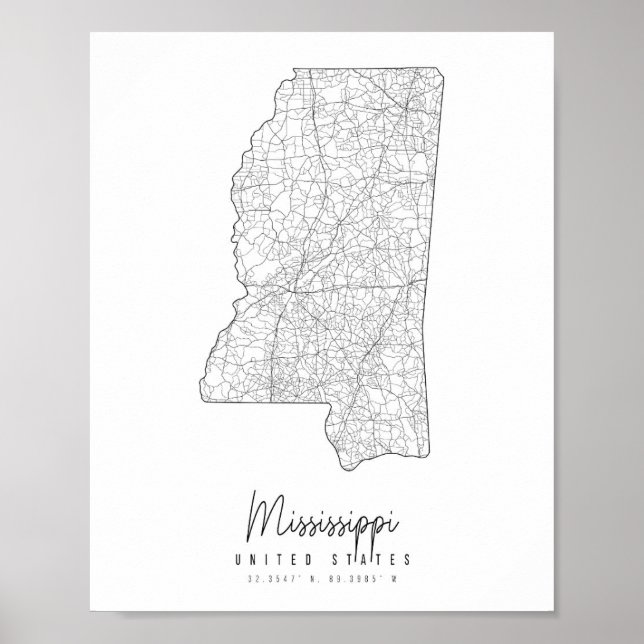 Poster Carte de rue minimale du Mississippi (Devant)