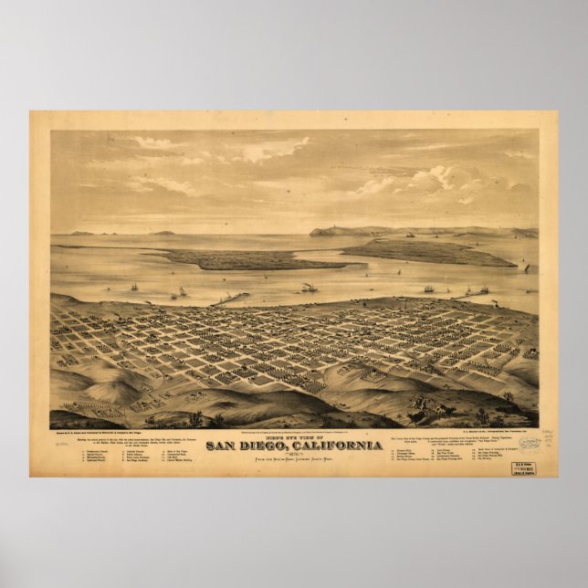 Poster Carte de San Diego, Vue Oiseaux-Oeil, 1880 (Devant)