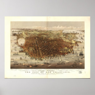 Poster Carte de San Francisco, Birds-Eye View, 1878