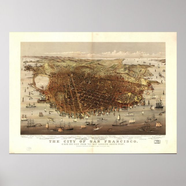 Poster Carte de San Francisco, Birds-Eye View, 1878 (Devant)