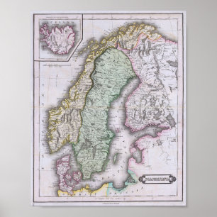 Poster Carte de Scandinavie, Norvège, Suède, Finlande, et