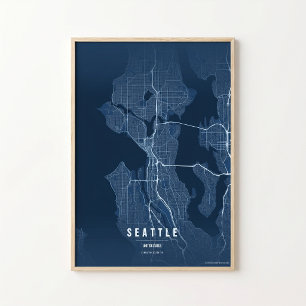 Poster Carte de Seattle en bleu, impression, Washington, 