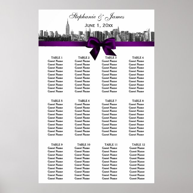 Poster Carte de siège à grand angle NYC Etch BW Purple Bo (Devant)